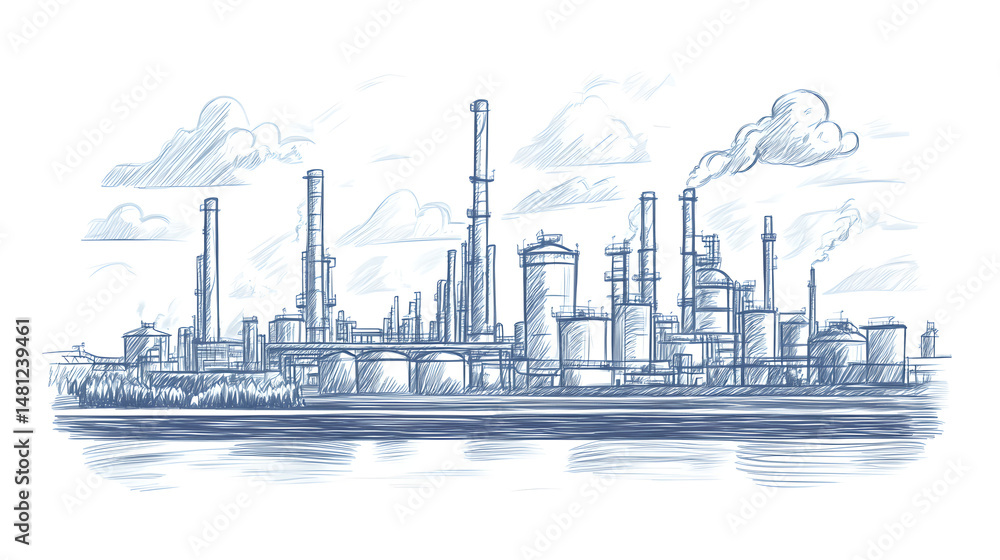 Obraz premium Hand-Drawn Industrial Refinery Landscape with Smoke Stacks under Cloudy Sky
