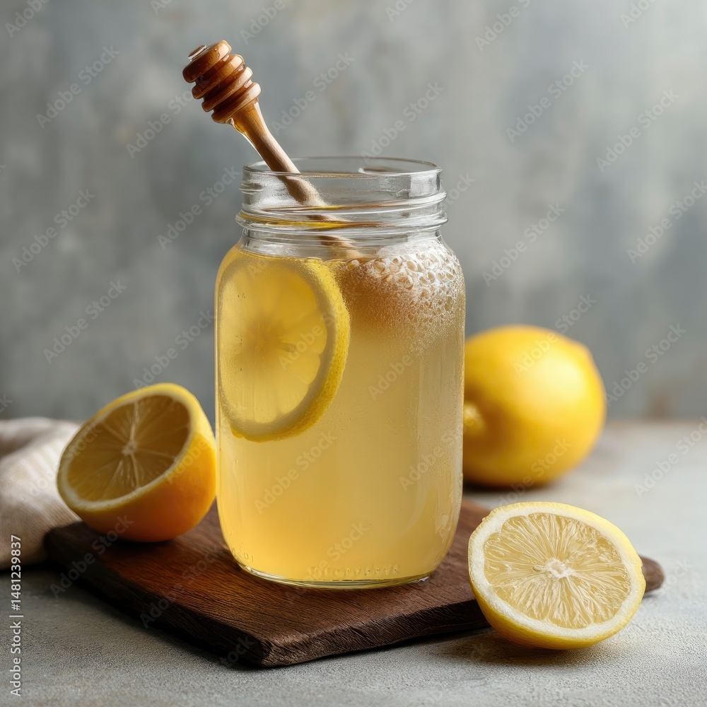 Chilled honey-infused lemonade in a transparent glass jar Chilled honey-infused lemonade in a transparent glass jar