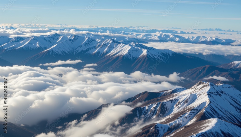 Obraz premium Breathtaking mountain range overlooking clouds high altitude aerial view nature's majesty