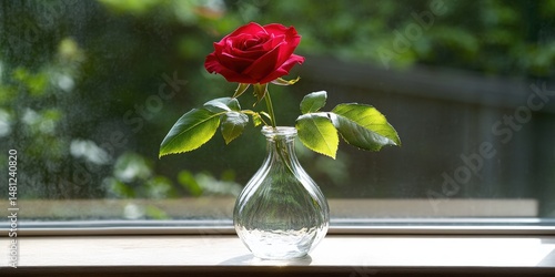Delicate red rose in a glass vase by a window.