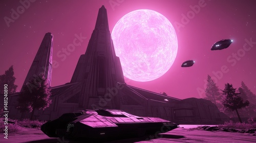 Futuristic architecture and vehicles under a vibrant pink moon.