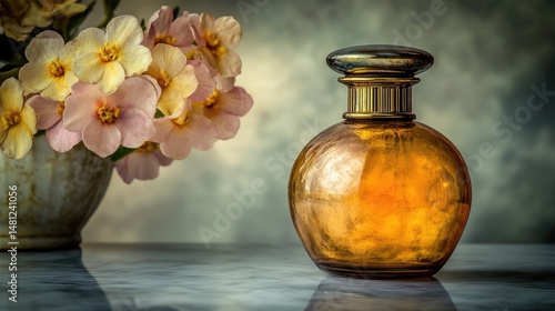 Elegant antique perfume bottle near spring blossoms.