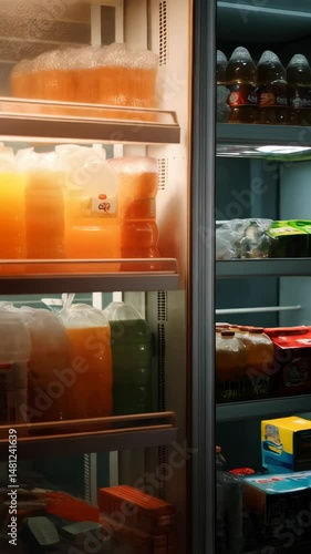 Wallpaper Mural Refrigerated display case featuring bottled beverages, packaged food, and other items on shelves, illuminated by a warm light. Torontodigital.ca