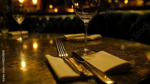 Restaurant table setting, night ambiance, golden tones.
