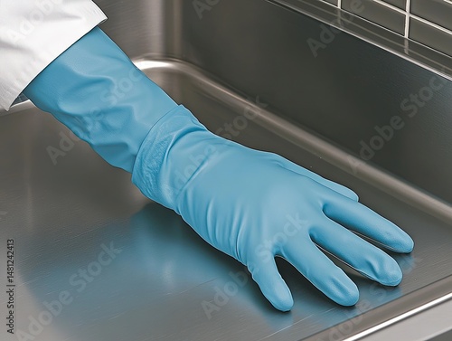 Protective food service gloves resting on a stainless steel surface.