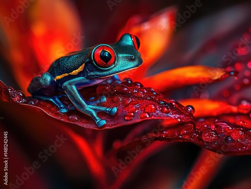 Vibrant red-and-blue frog on a wet leaf.