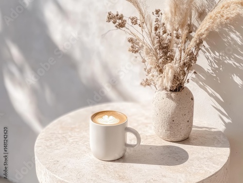 Elegant cafe latte with dried flowers in a vase.