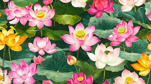 Wallpaper Mural Vibrant lotus blossoms and leaves in a floral pattern. Torontodigital.ca