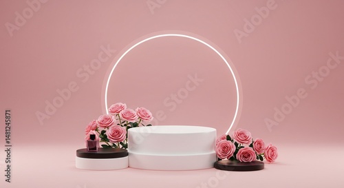 Elegant Pink Rose Floral Display with White Cylindrical Pedestal and Neon Circle Backdrop Perfect for Product Showcase or Feminine Branding