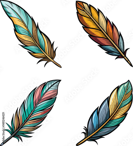 Set of Colorful Feathers - Boho, Tribal, and Decorative Elements