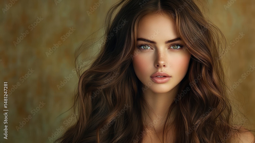 Close-up portrait of a young woman with long wavy brown hair, green eyes, and natural makeup against a blurred warm brown background, expressing calm confidence Close-up portrait of a young woman with long wavy brown hair, green eyes, and natural makeup against a blurred warm brown background, expressing calm confidence