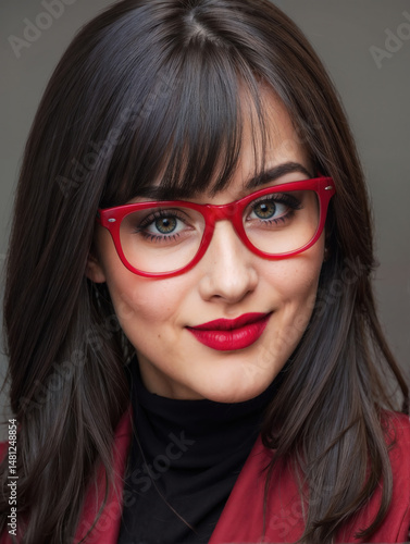 Woman with dark brown hair and bangs wearing bold red glasses and matching red lipstick. She's wearing a black turtleneck and red jacket or blazer against a neutral background.