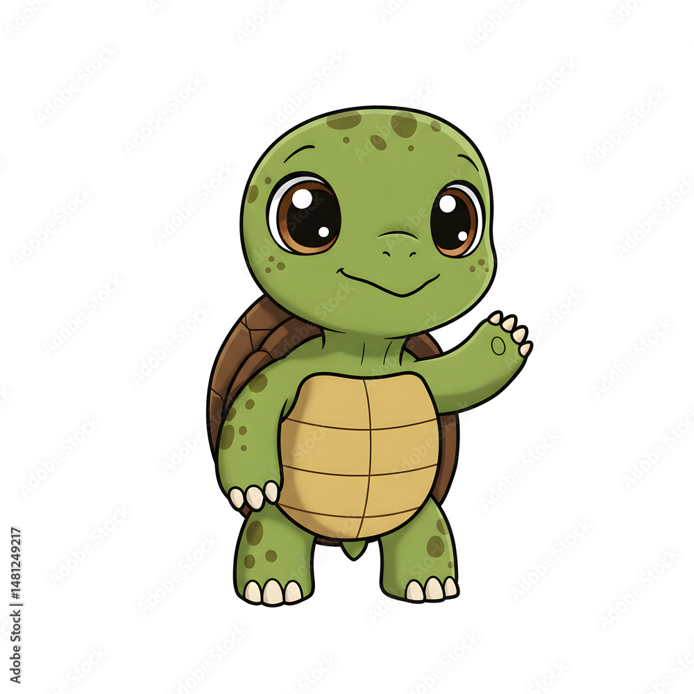 Fototapeta premium Chibi turtle with oversized shell and gentle smile, waving with one flipper