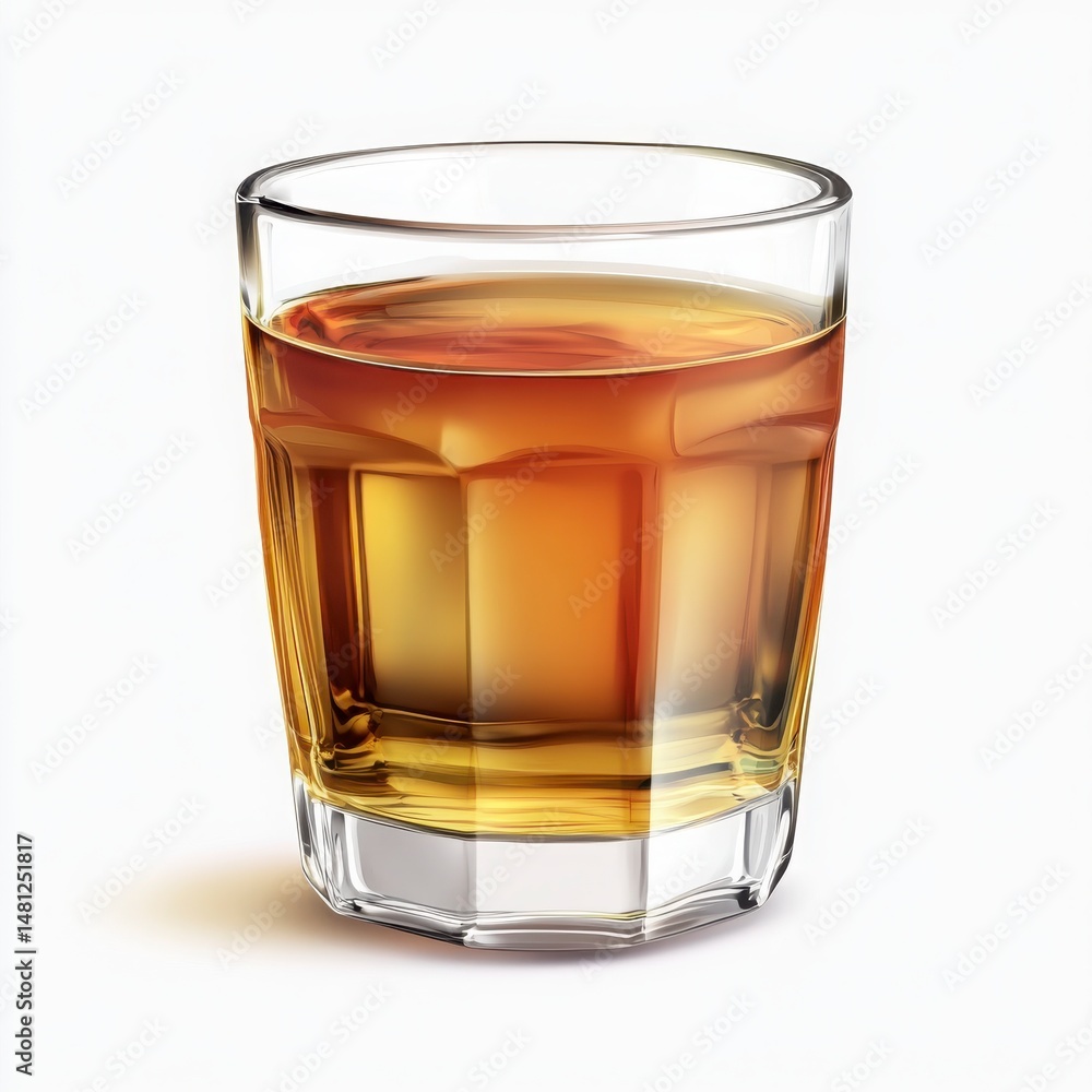 Amber Liquor in a Faceted Shot Glass on a White Background Amber Liquor in a Faceted Shot Glass on a White Background