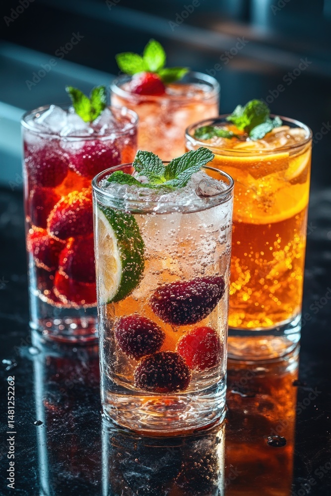 custom made wallpaper toronto digitalFour refreshing glasses filled with colorful fruit-infused sparkling drinks garnished with mint leaves on a dark reflective surface, evoking a cool and vibrant atmosphere