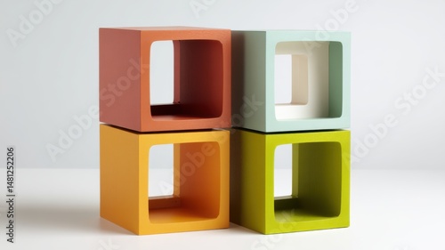 Mid-century modern retro furniture with functional. Four colorful, hollow cubes are stacked in a 2x2 arrangement on a white surface against a light background.
