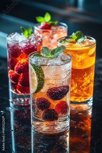 Wallpaper Mural Four refreshing glasses filled with colorful fruit-infused sparkling drinks garnished with mint leaves on a dark reflective surface, evoking a cool and vibrant atmosphere Torontodigital.ca