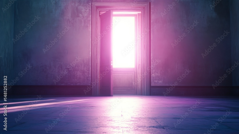 A Doorway In A Dim Room, Pink And Purple Lighting, Distressed Surface A Doorway In A Dim Room, Pink And Purple Lighting, Distressed Surface