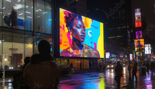 A Colorful Portrait of a Person on a Large Outdoor Advertisement in a Rainy Urban Setting at Night