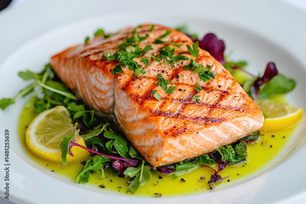 Grilled salmon steak lying on fresh greens with lemon and herbs Grilled salmon steak lying on fresh greens with lemon and herbs