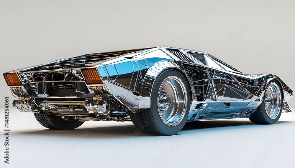 Chrome sports car, retro futuristic design. Chrome sports car, retro futuristic design.
