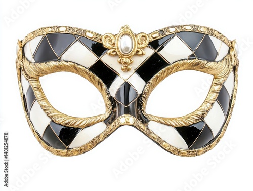 Black And White Harlequin Venetian Mask With Gold Accents On White Background