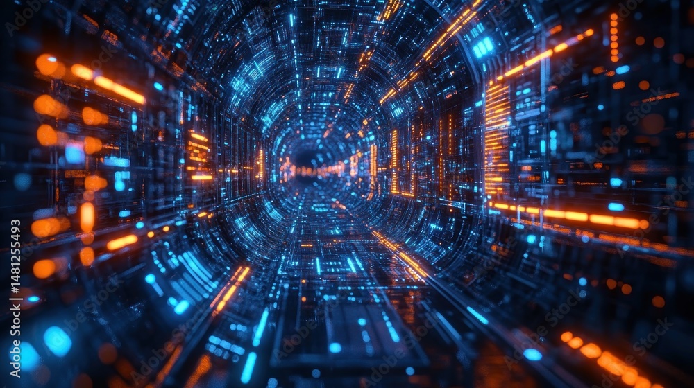 Futuristic tunnel with glowing blue and orange digital circuits and lights creating a high-tech immersive environment Futuristic tunnel with glowing blue and orange digital circuits and lights creating a high-tech immersive environment
