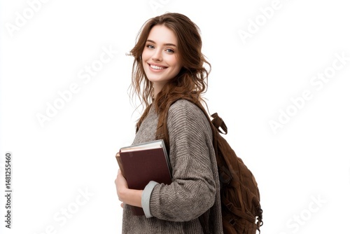 A young, smiling woman, a student with a backpack, holds a book against a whi...