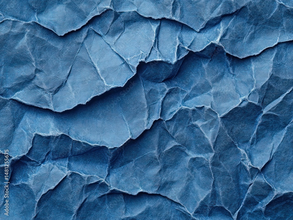 Fototapeta premium Close-up of crumpled blue textured paper with multiple folds and creases creating an abstract pattern