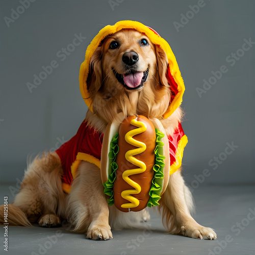 Joyful Golden Retriever in Funny Hotdog Costume | Cute Pet Fashion & Funny Dog Lover's Celebration 