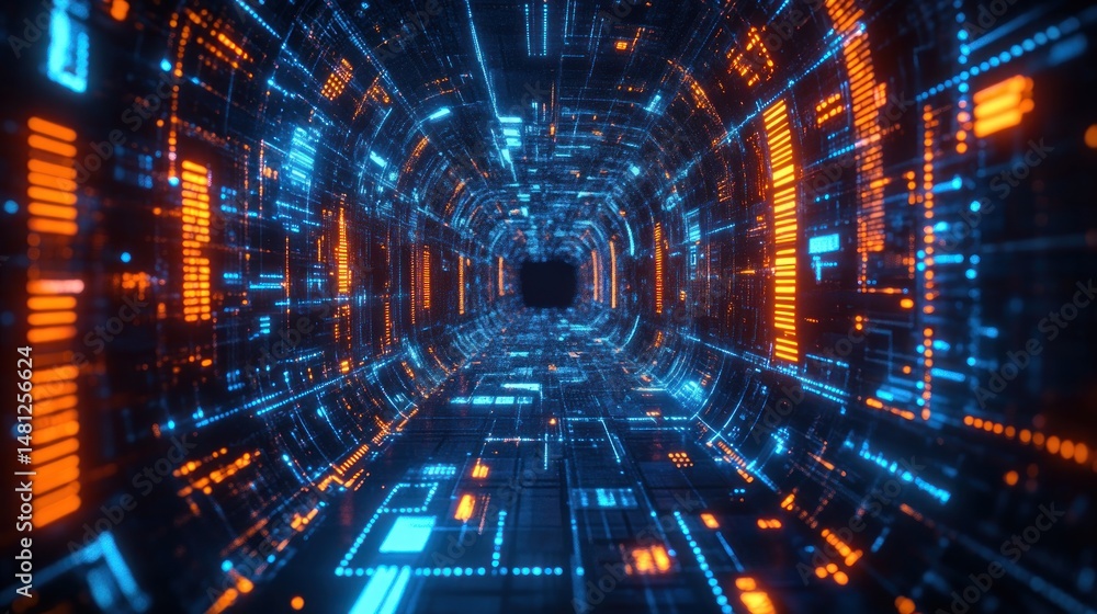 Fototapeta premium Futuristic digital tunnel glowing with electric blue and orange data streams forming a high-tech, immersive cyber corridor