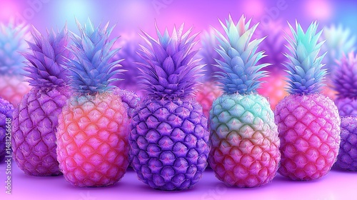 Vibrant Rainbow Pineapple Fantasy: A whimsical and colorful composition featuring a group of pineapples painted in a rainbow spectrum.