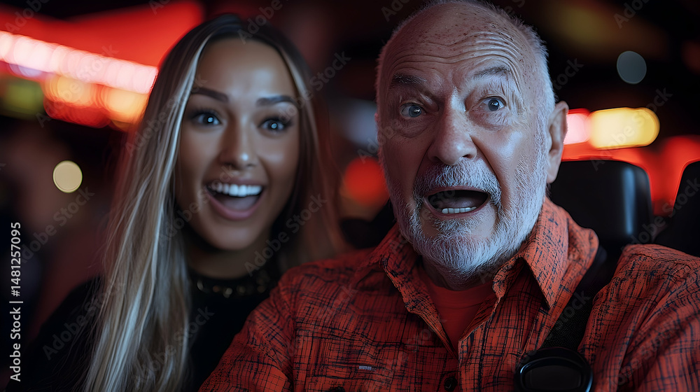 A young woman and an older man react with surprise and excitement, captured in a close-up shot. Their expressions are vivid, conveying a shared moment of awe A young woman and an older man react with surprise and excitement, captured in a close-up shot. Their expressions are vivid, conveying a shared moment of awe