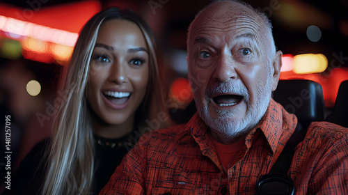 A young woman and an older man react with surprise and excitement, captured in a close-up shot.  Their expressions are vivid, conveying a shared moment of awe