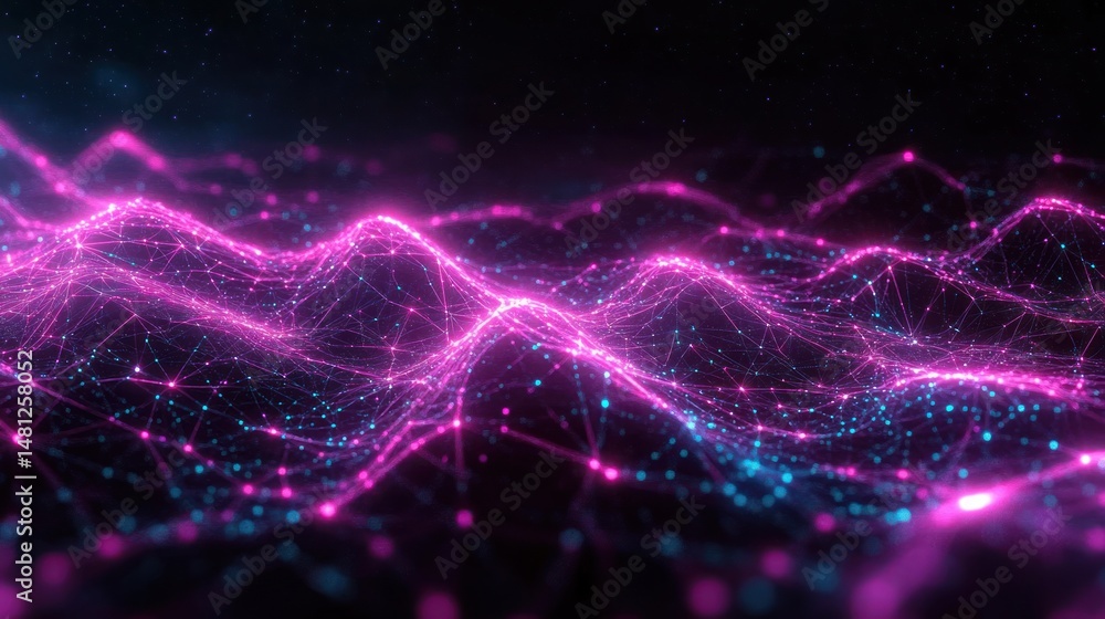 Fototapeta premium Abstract digital landscape of interconnected glowing pink and blue points forming wave-like grid patterns on a dark background, evoking futuristic technology and data flow