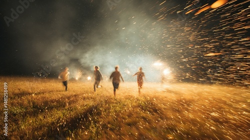Nighttime scene of people running through a field of tall grass.