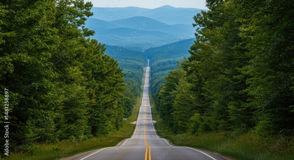 Obraz premium Highway through lush forest leading to distant mountains