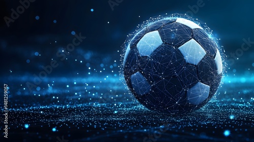 Futuristic soccer ball design with digital web backdrop. Ideal for sports tech concepts, gaming, and digital integrations. Evokes innovation and modern athleticism. Abstract wireframe in dark blue.