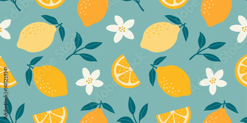 Tropical seamless lemon fruit pattern. Vector summer print for fabric or wallpaper.