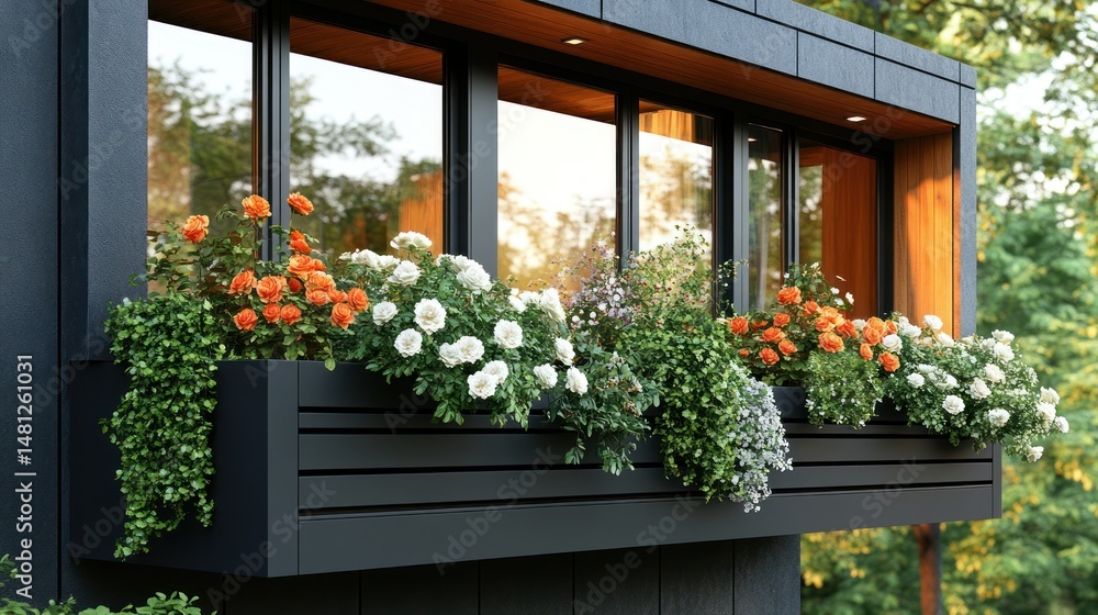 Fototapeta premium Modern house with colorful flower boxes