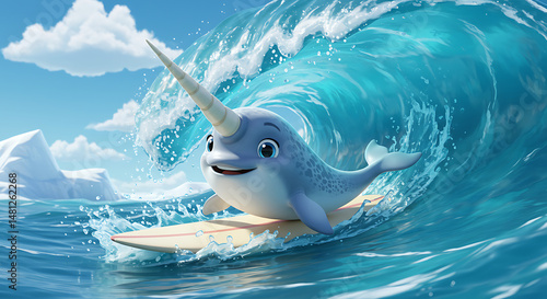 Cartoon Narwhal Surfing a Wave in a Sunny Blue Ocean with Clouds and Icebergs