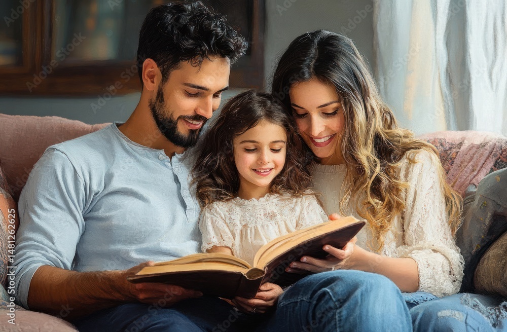 Obraz premium Happy family of three sitting on a couch reading a book together with warm smiles in a cozy home setting