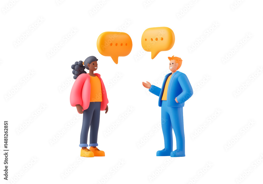 Obraz premium Two colorful characters engaged in conversation with speech bubbles isolated on transparent background
