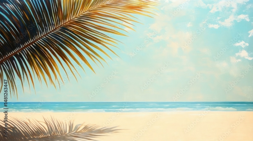 Obraz premium Serene tropical beach scene with golden palm leaves framing clear blue sky and calm ocean waves on sandy shore