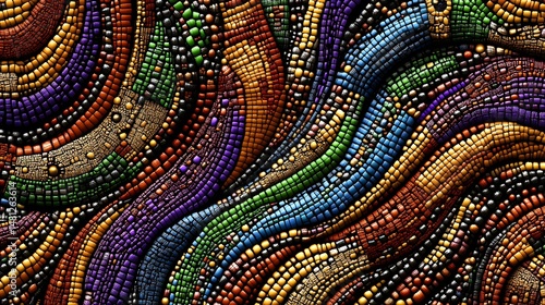 Vibrant multicolored beaded mosaic pattern with flowing lines.