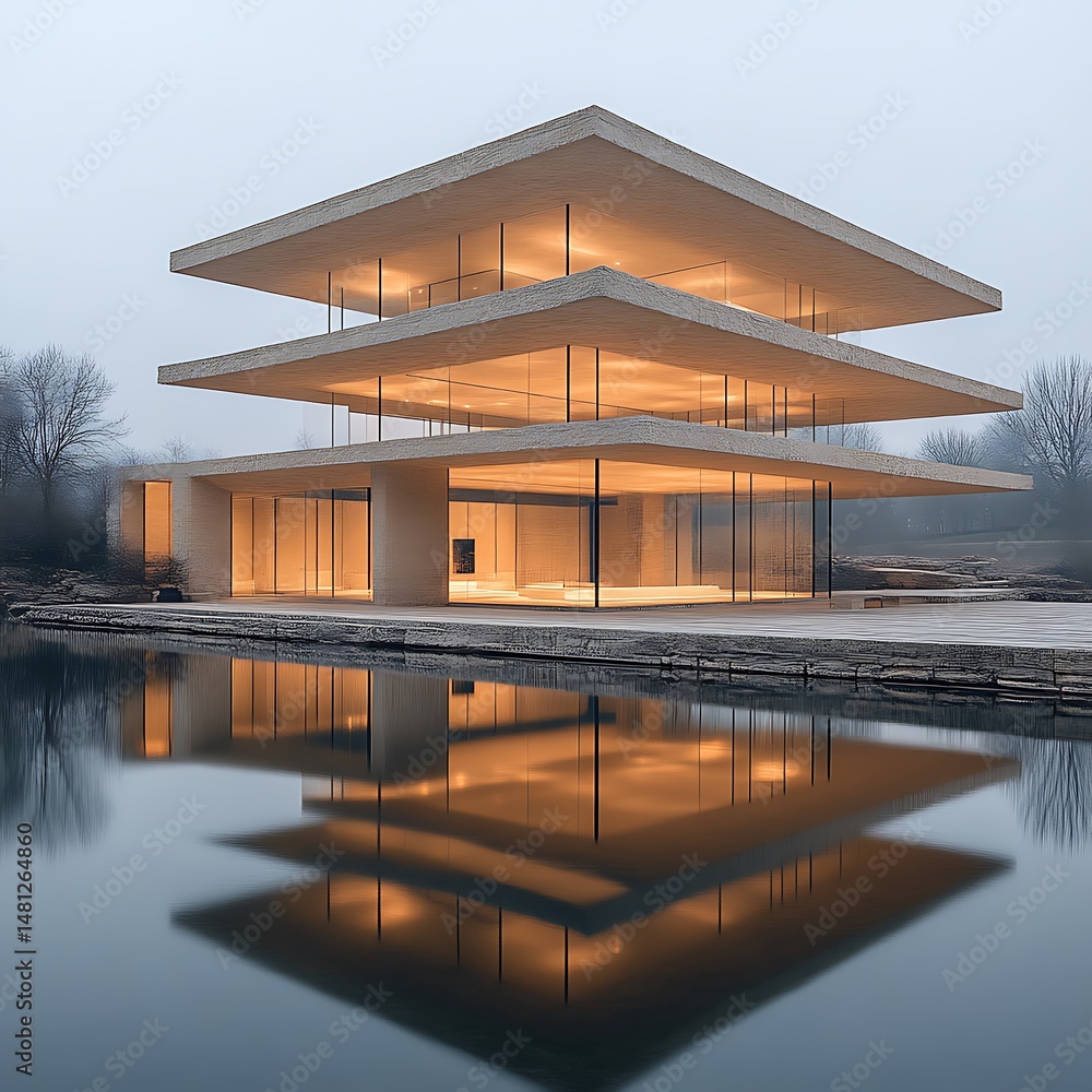 Obraz premium Modern, minimalist home overlooking serene water. Interior bathed in warm light, reflecting on glassy surface. Sleek, geometric design