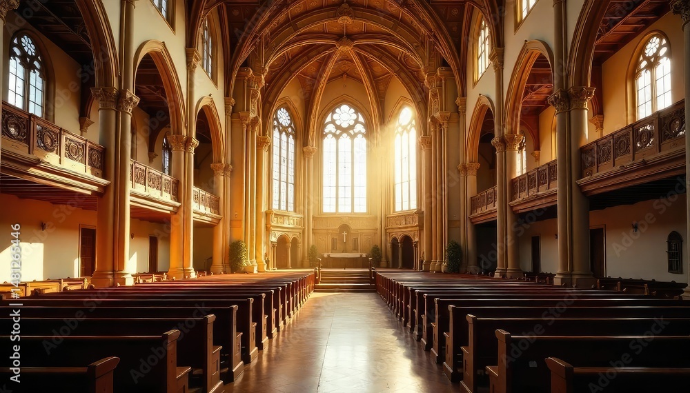 Fototapeta premium A majestic church choir loft, bathed in sunlight, showcasing ornate architecture and empty pews , interior, altar