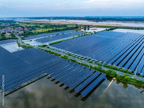 Aerial view of solar photovoltaic panel array