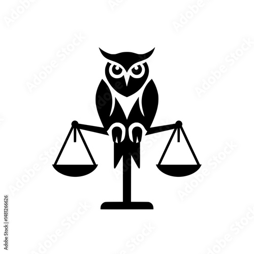 Flat Vector Logo of Owl on Justice Scale
