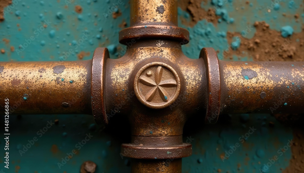 Aged brass bathroom drain pipe, corroded detail, green, texture, repair Aged brass bathroom drain pipe, corroded detail, green, texture, repair